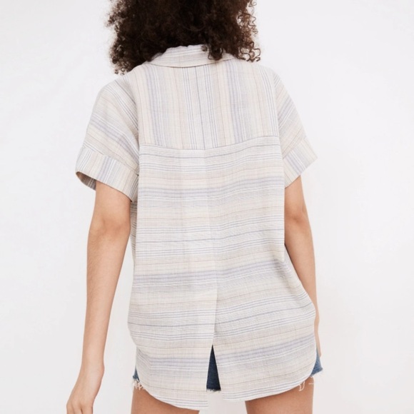Madewell Crinkle Hayden Popover Top in Stripe Summer Peri Size Medium Cream - Picture 4 of 8
